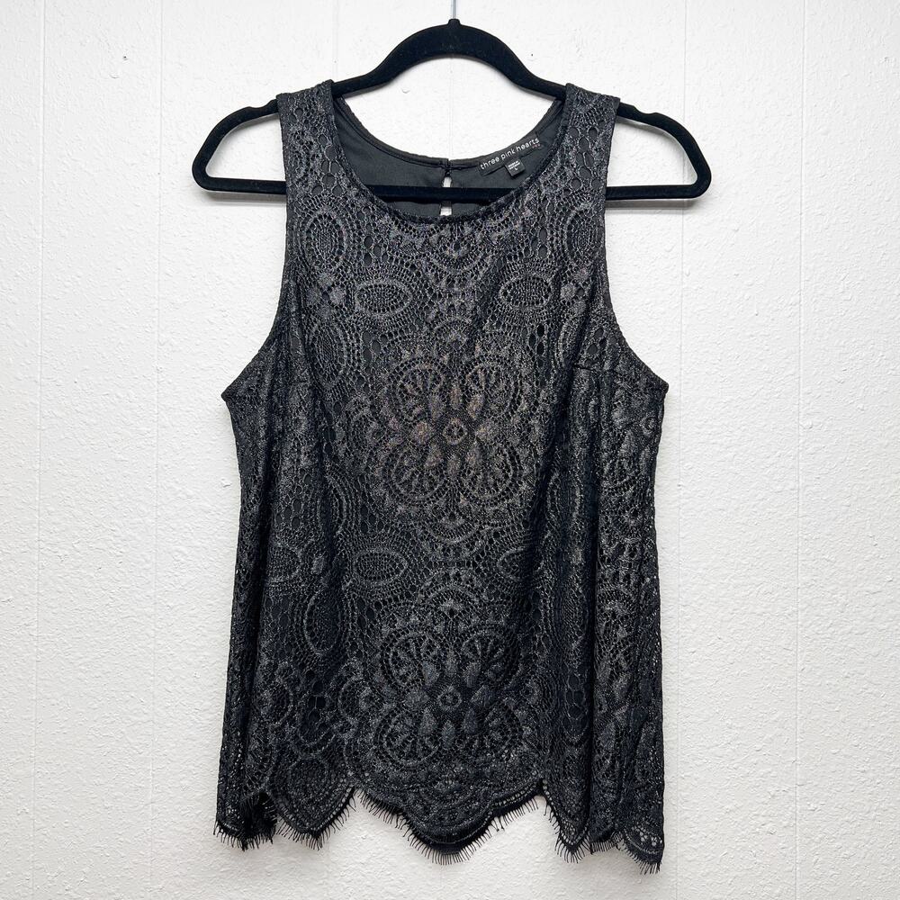 Three Pink Hearts Lace Black Sleeveless Top Large Y2K Whimsigoth Dark Fairy Boho